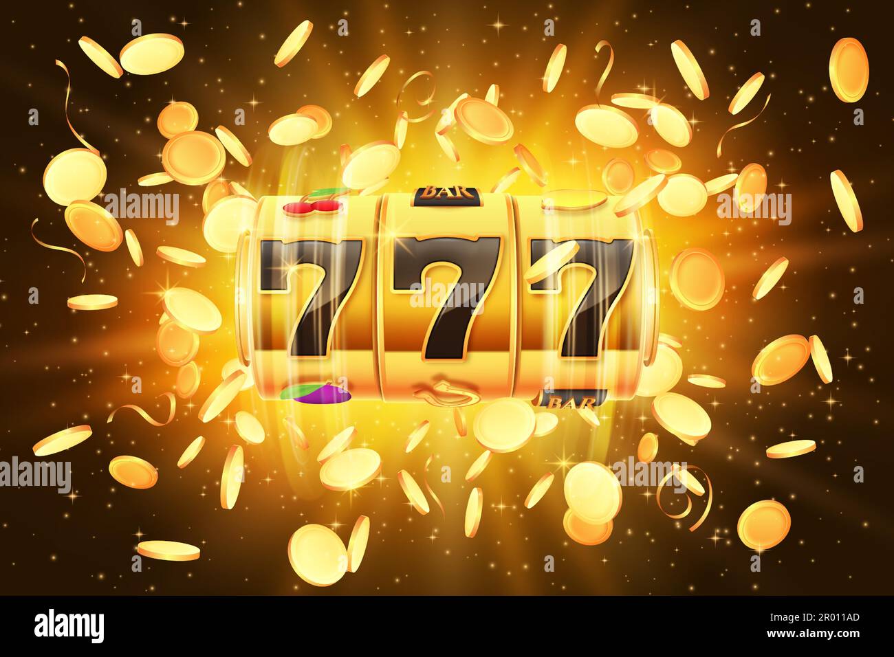 Ilustrație de jackpot la sloturi cu monede de aur și confetti, simbolizând potențialul de câștig pe platforme ca casino online 7777